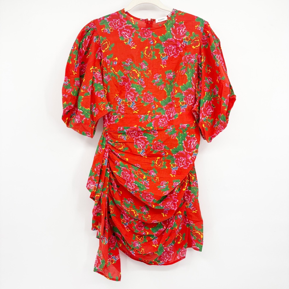 Rhode Women Red Dazzle Floral Ruched Pia Puff Sleeve Romantic Mini Dress Size XS - Picture 2 of 9